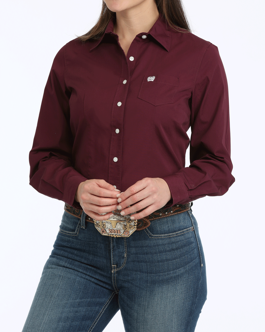 Cinch Women's Long Sleeve Solid Button Down Shirt - Burgundy