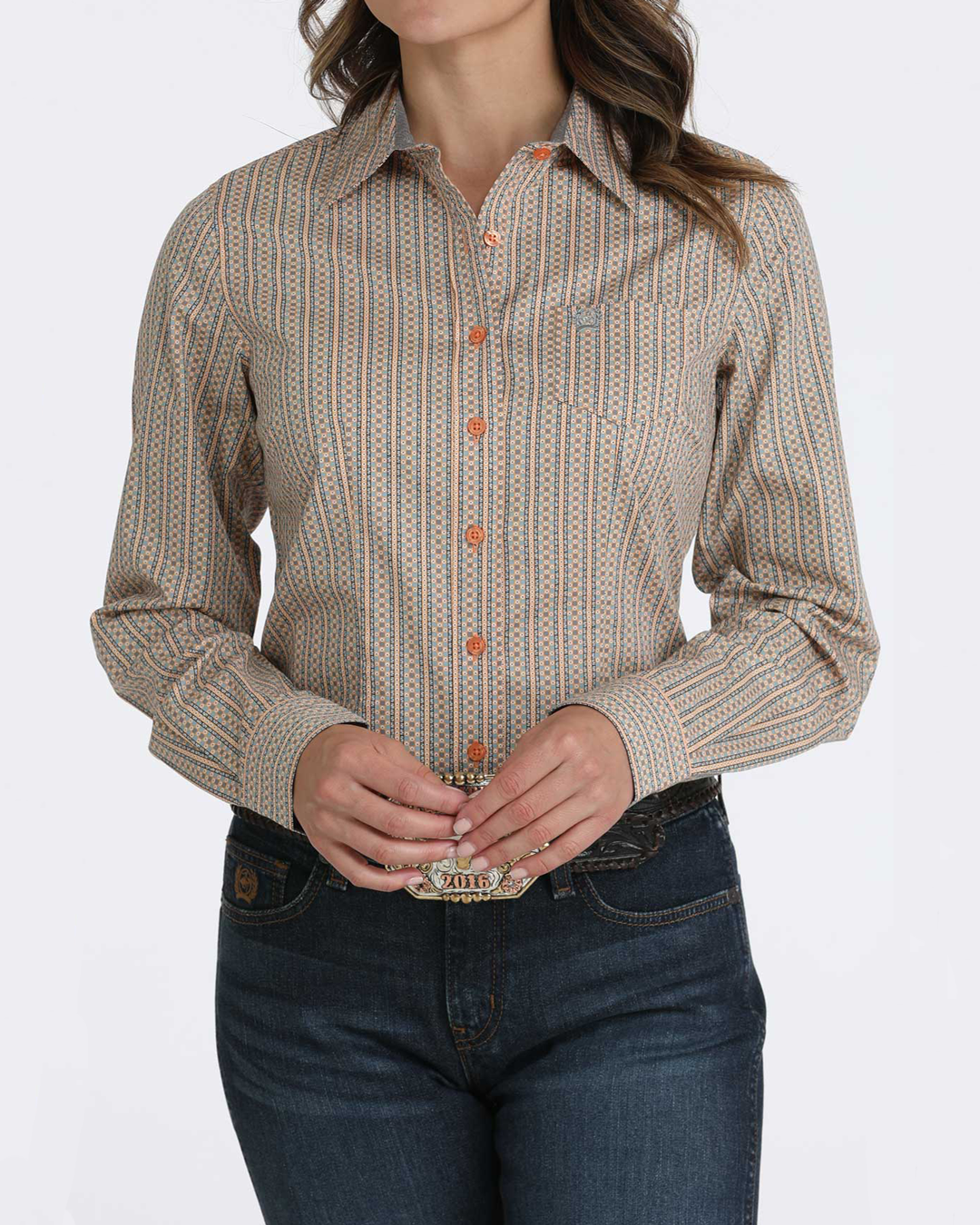 Cinch Women's Orange Print Long Sleeve Shirt