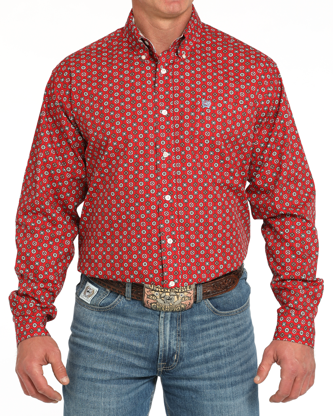 Cinch Men's Red Print Long Sleeve Button Shirt, M