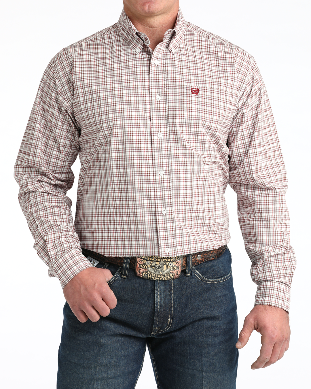 Cinch Men's White Plaid Long Sleeve Button Shirt, M