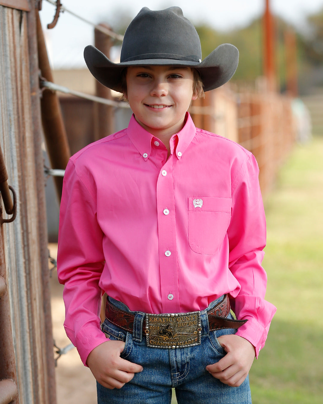 Cinch Boy's Solid Pink Button Down Long Sleeve Shirt, XXL