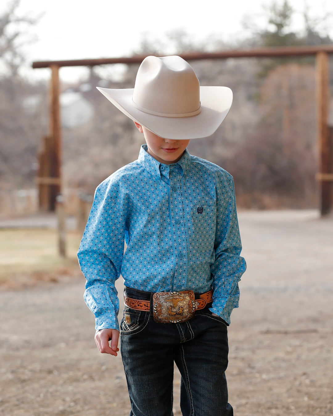Cinch Boy's Light Blue Print Button-Down Western Shirt S