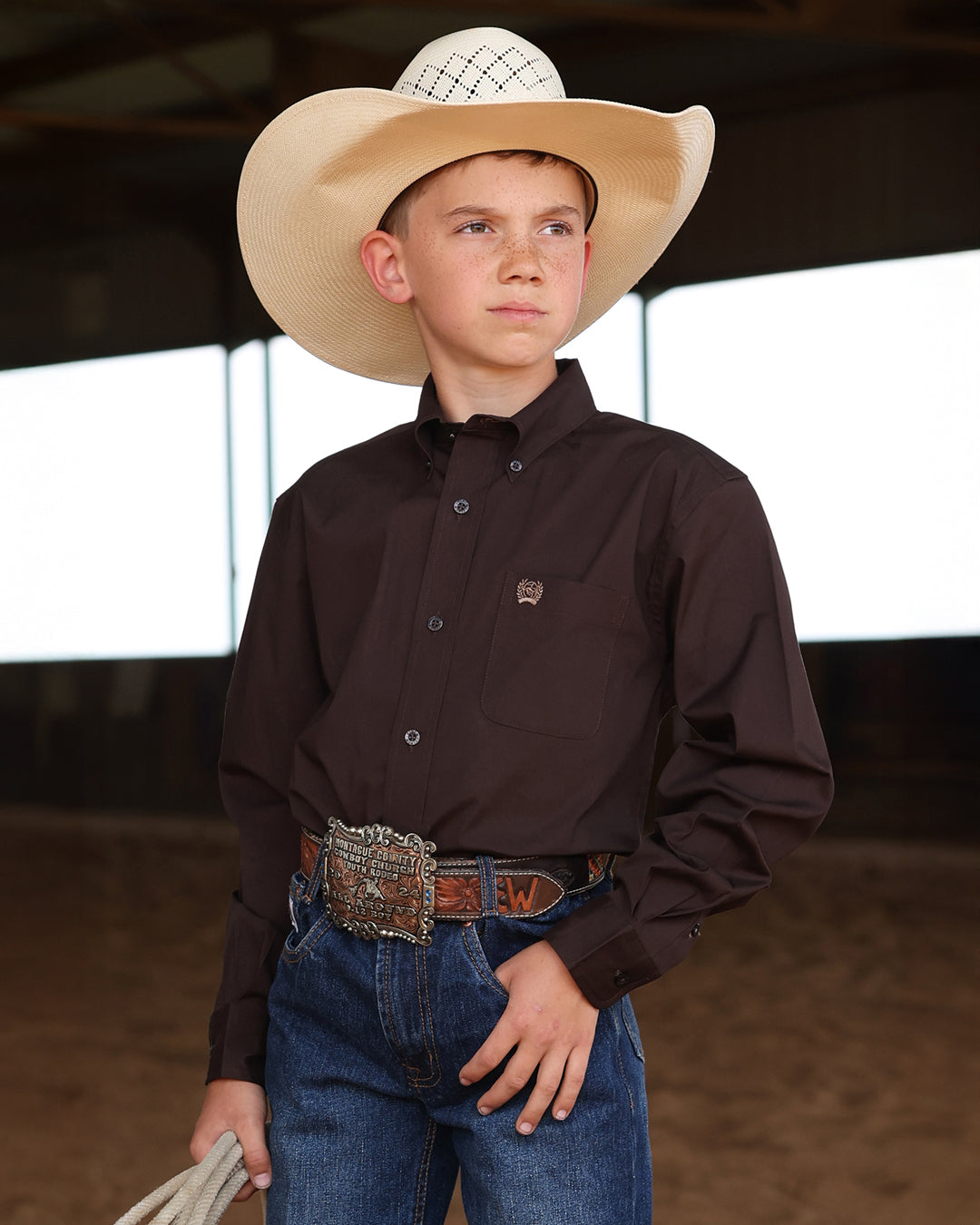 Cinch Boy's Solid Brown Long Sleeve Western Shirt