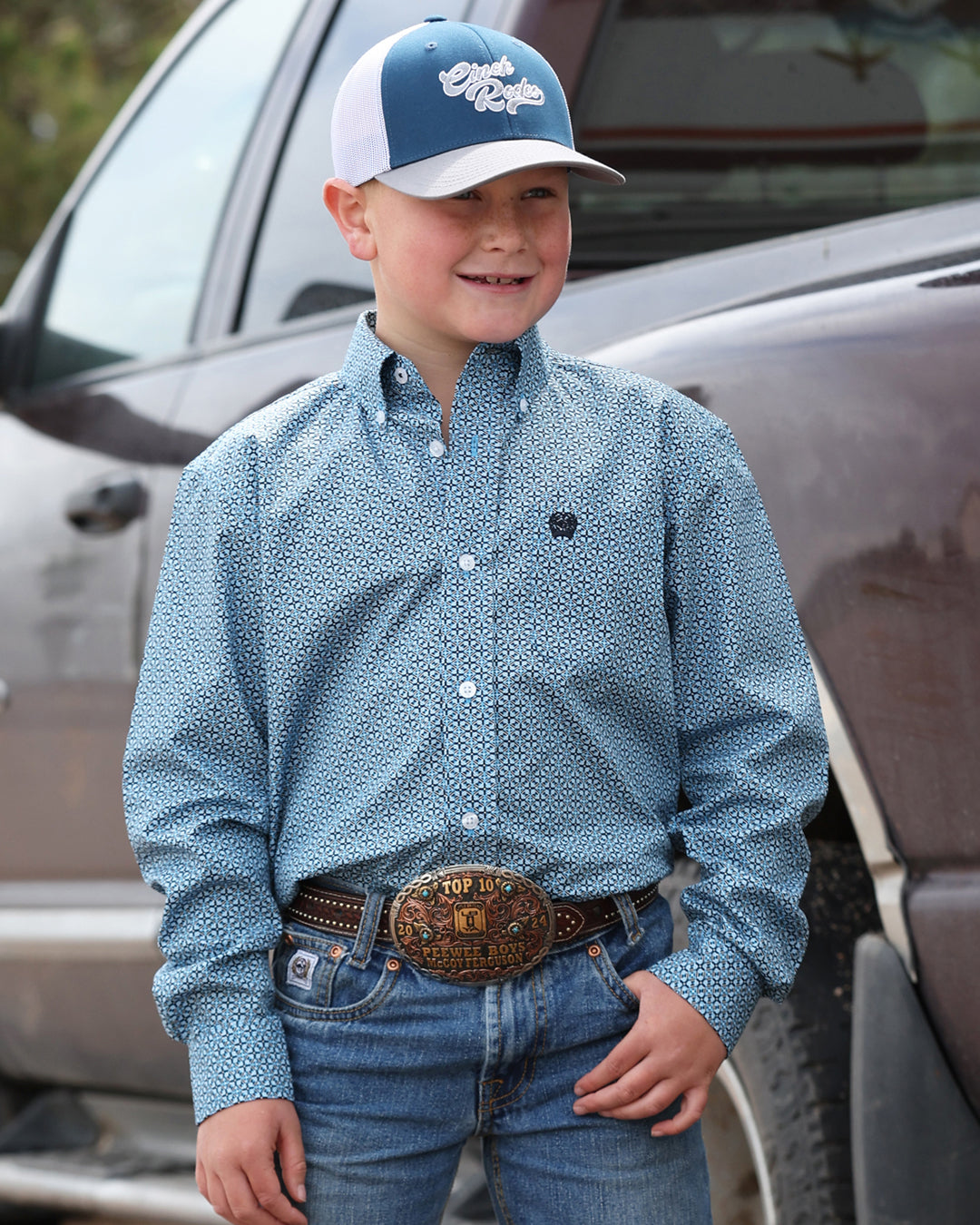 Cinch Youth Boy's Blue Geometric Print Button Down Shirt MTW7060417
