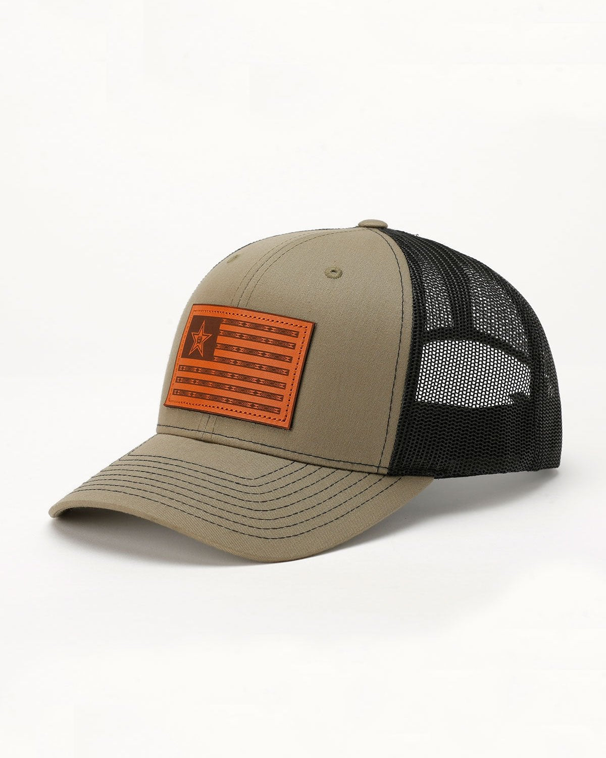 Men's Old Glory Leather Patch Trucker Cap - Olive and Black