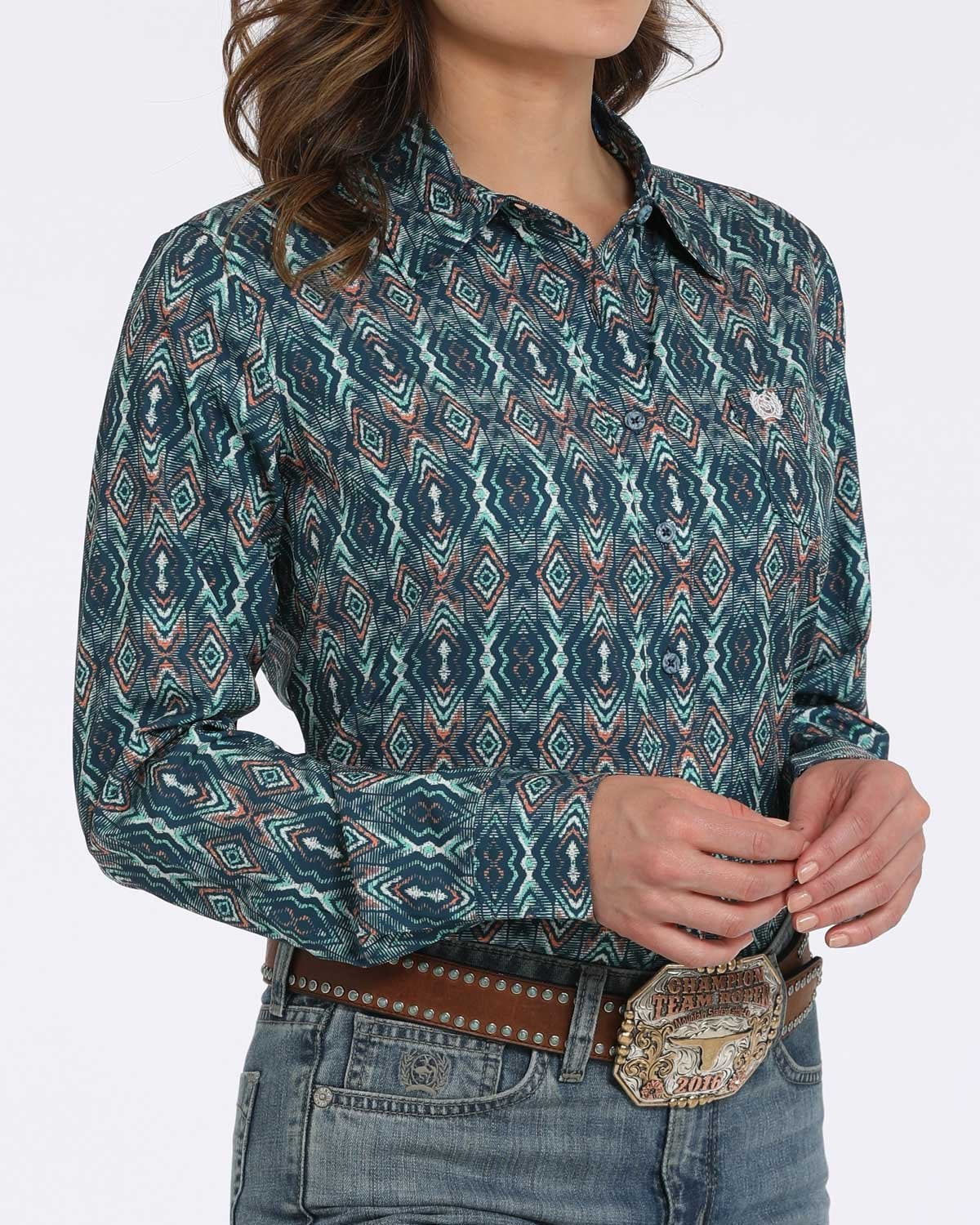 Women's Geometric Print Button-Down Western Shirt - Navy