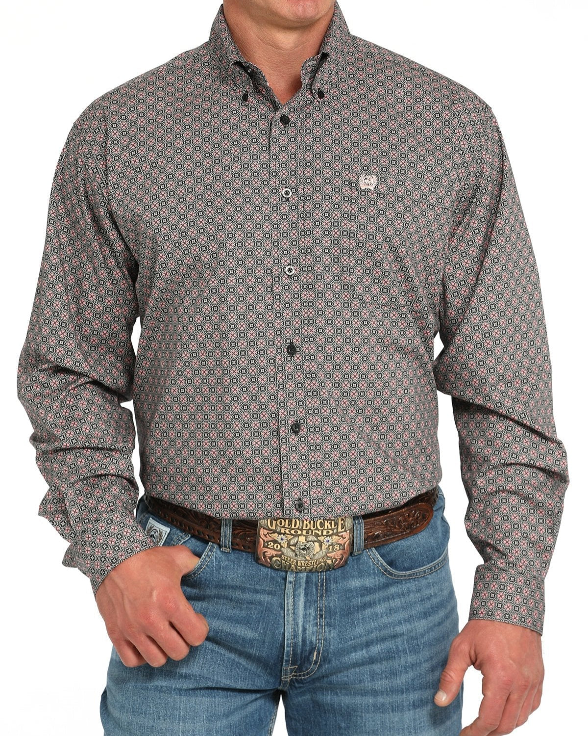 Men's Medallion Print Button-Down Western Shirt - Gray