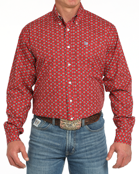 Cinch Men's Red Print Long Sleeve Button Shirt, M