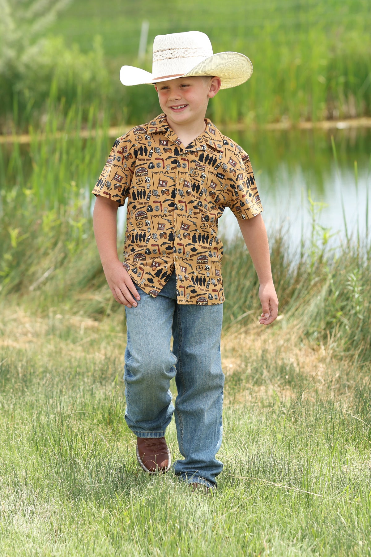 BOYS S/S CAMP SHIRT 5/26-BROWN