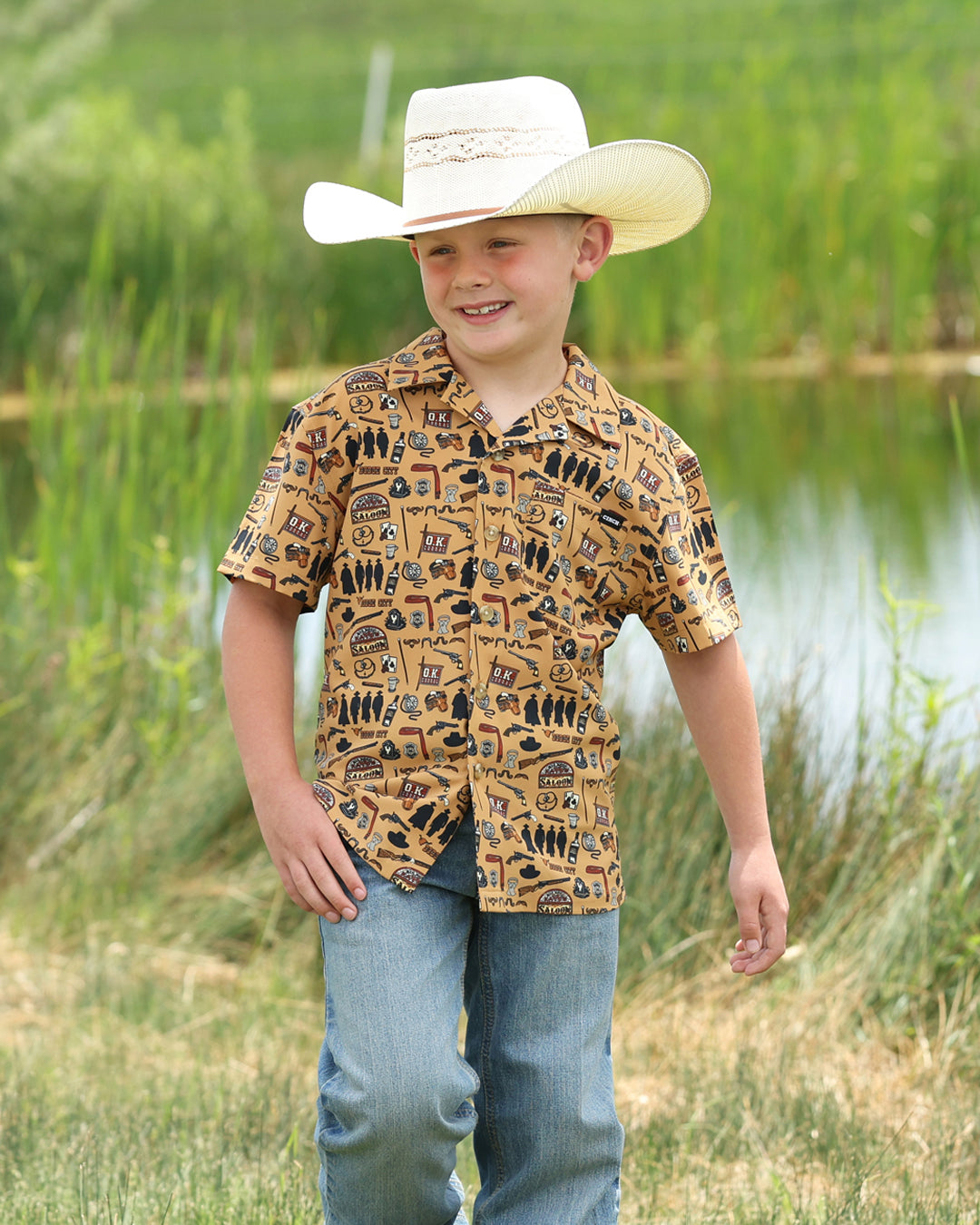 BOYS S/S CAMP SHIRT 5/26-BROWN