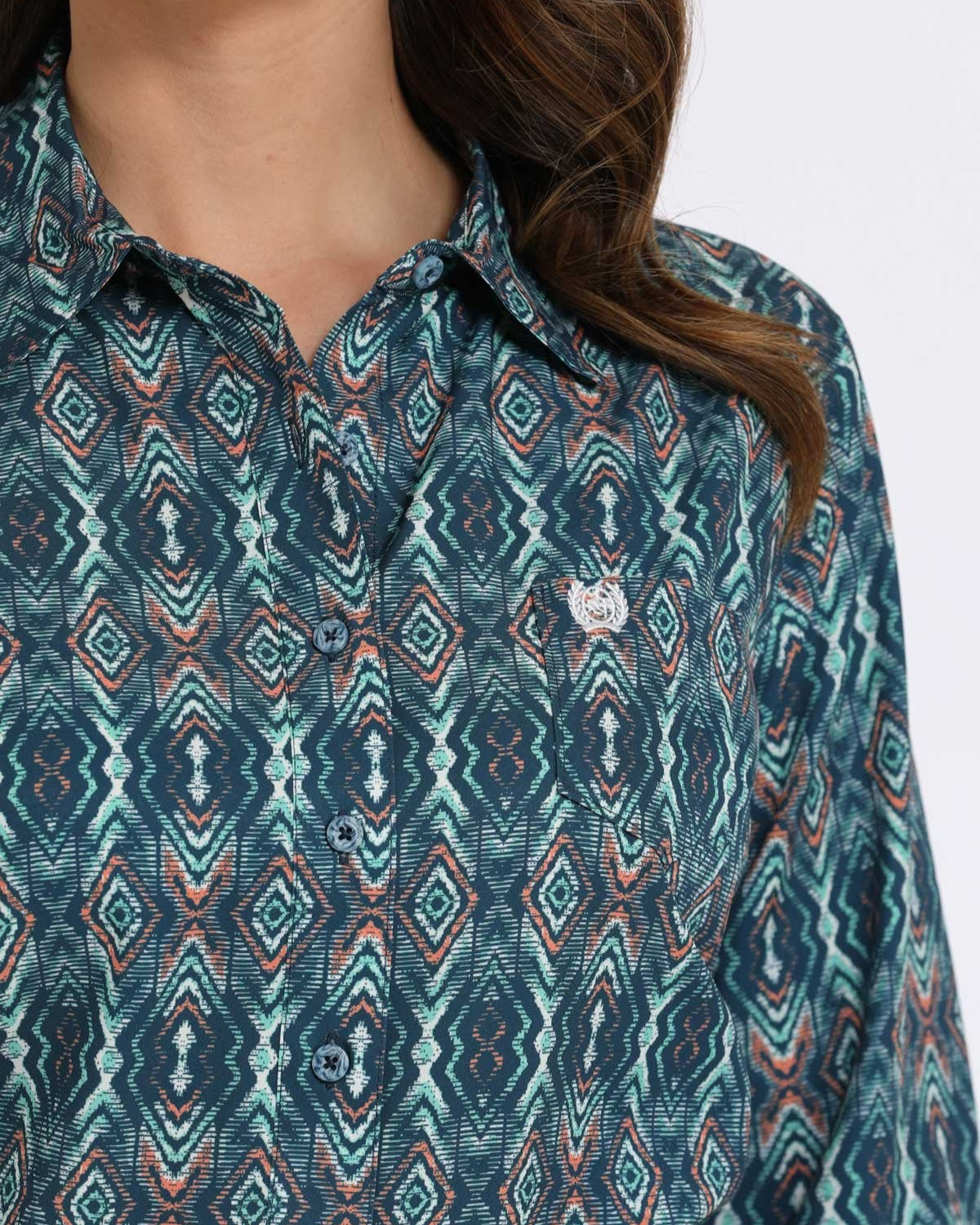 Women's Geometric Print Button-Down Western Shirt - Navy