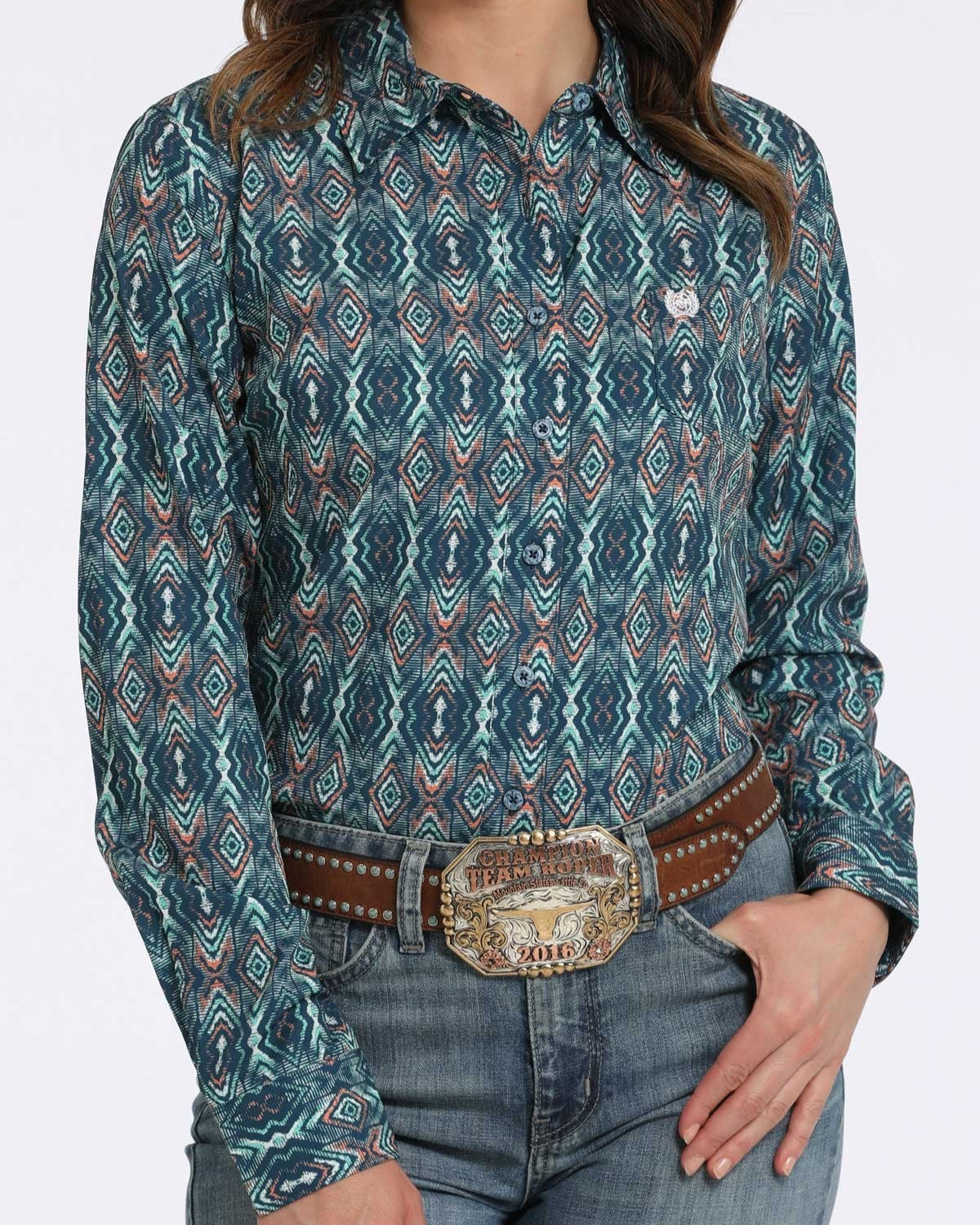 Women's Geometric Print Button-Down Western Shirt - Navy