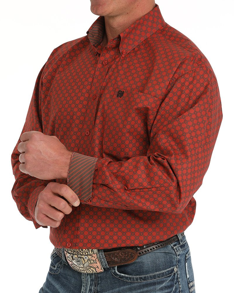 Men's Diamond Print Button-Down Western Shirt - Red