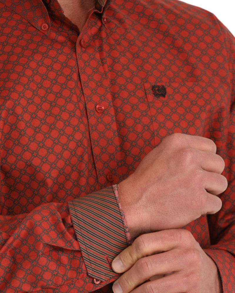 Men's Diamond Print Button-Down Western Shirt - Red