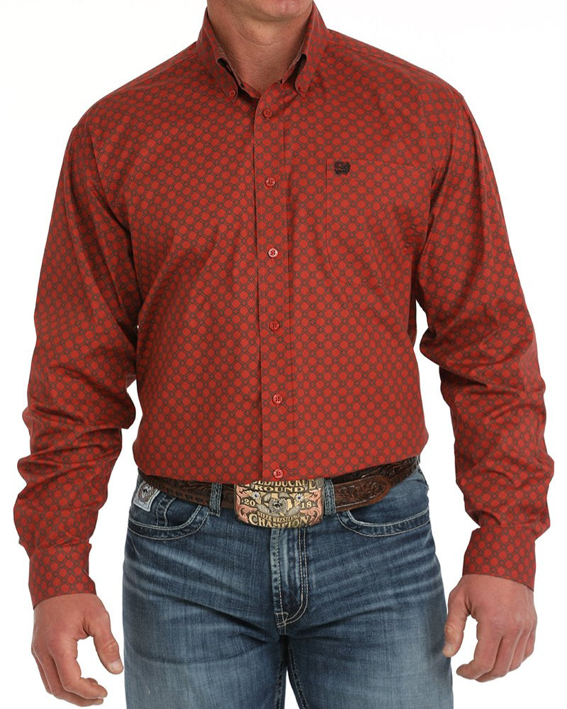 Men's Diamond Print Button-Down Western Shirt - Red