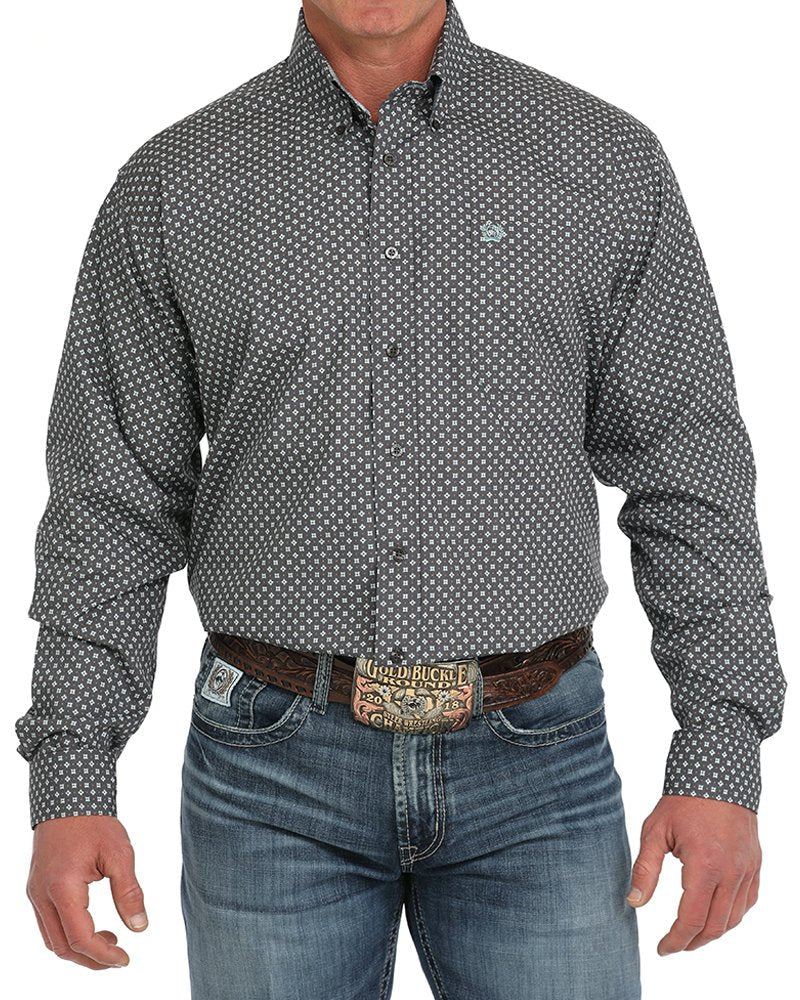 Men's Geometric Print Button-Down Western Shirt - Gray