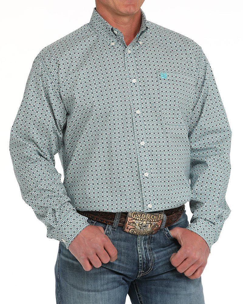 Men's Geometric Print Button-Down Western Shirt - Cream