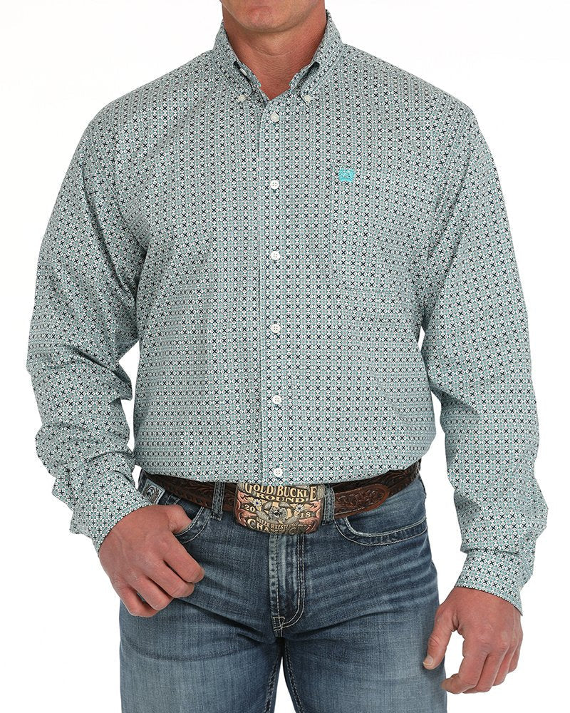 Men's Geometric Print Button-Down Western Shirt - Cream