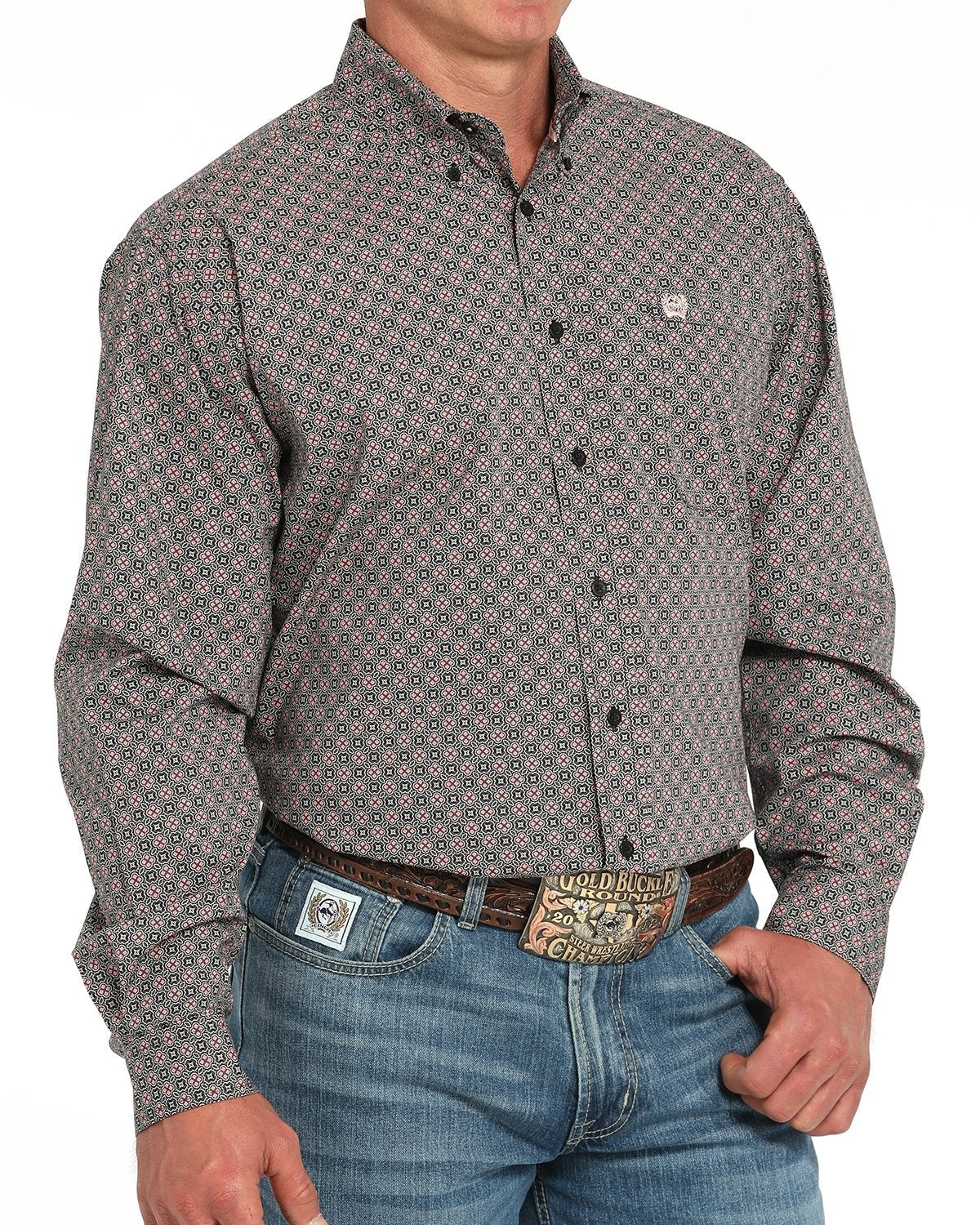 Men's Medallion Print Button-Down Western Shirt - Gray