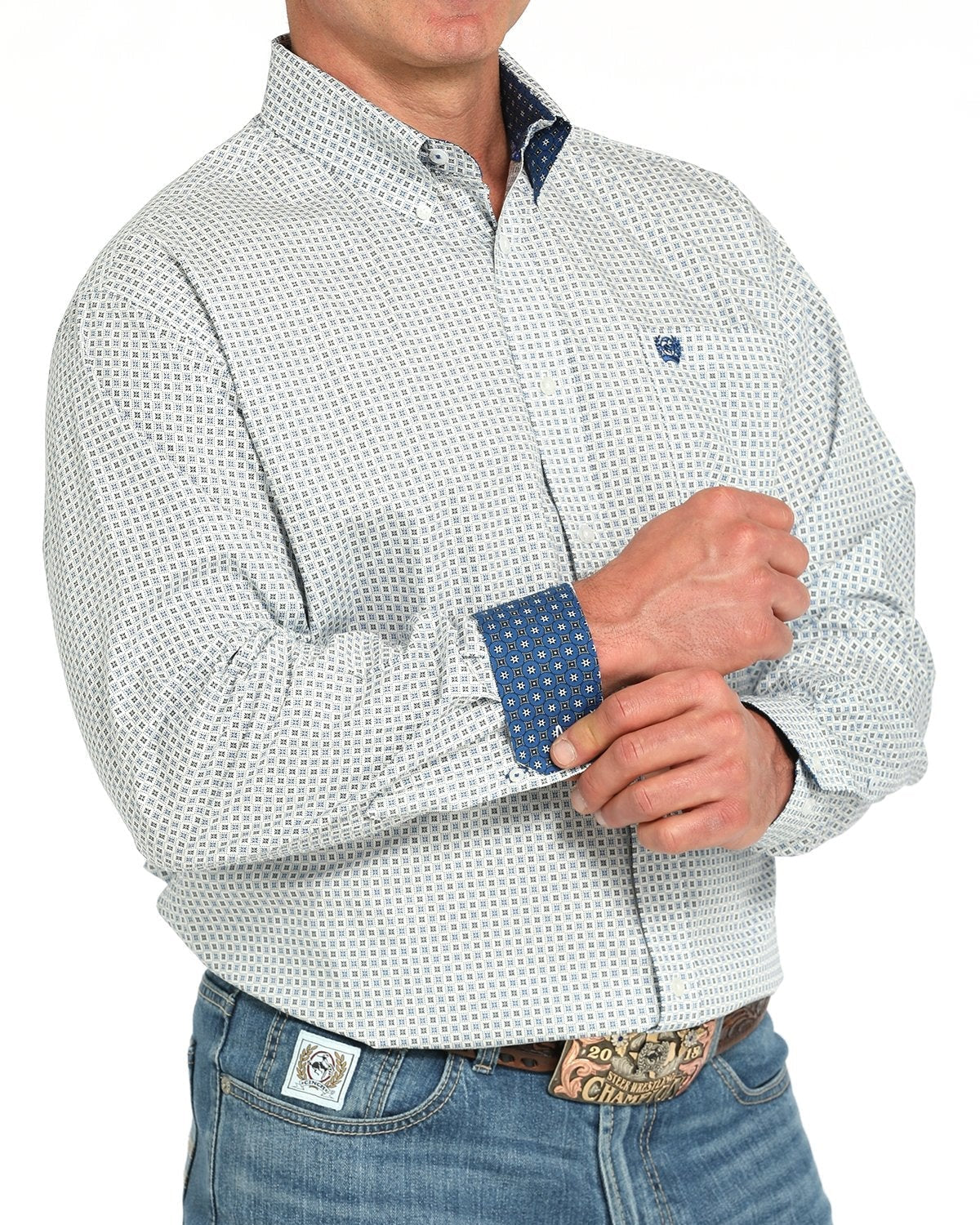 Men's Geometric Print Button-Down Western Shirt - White