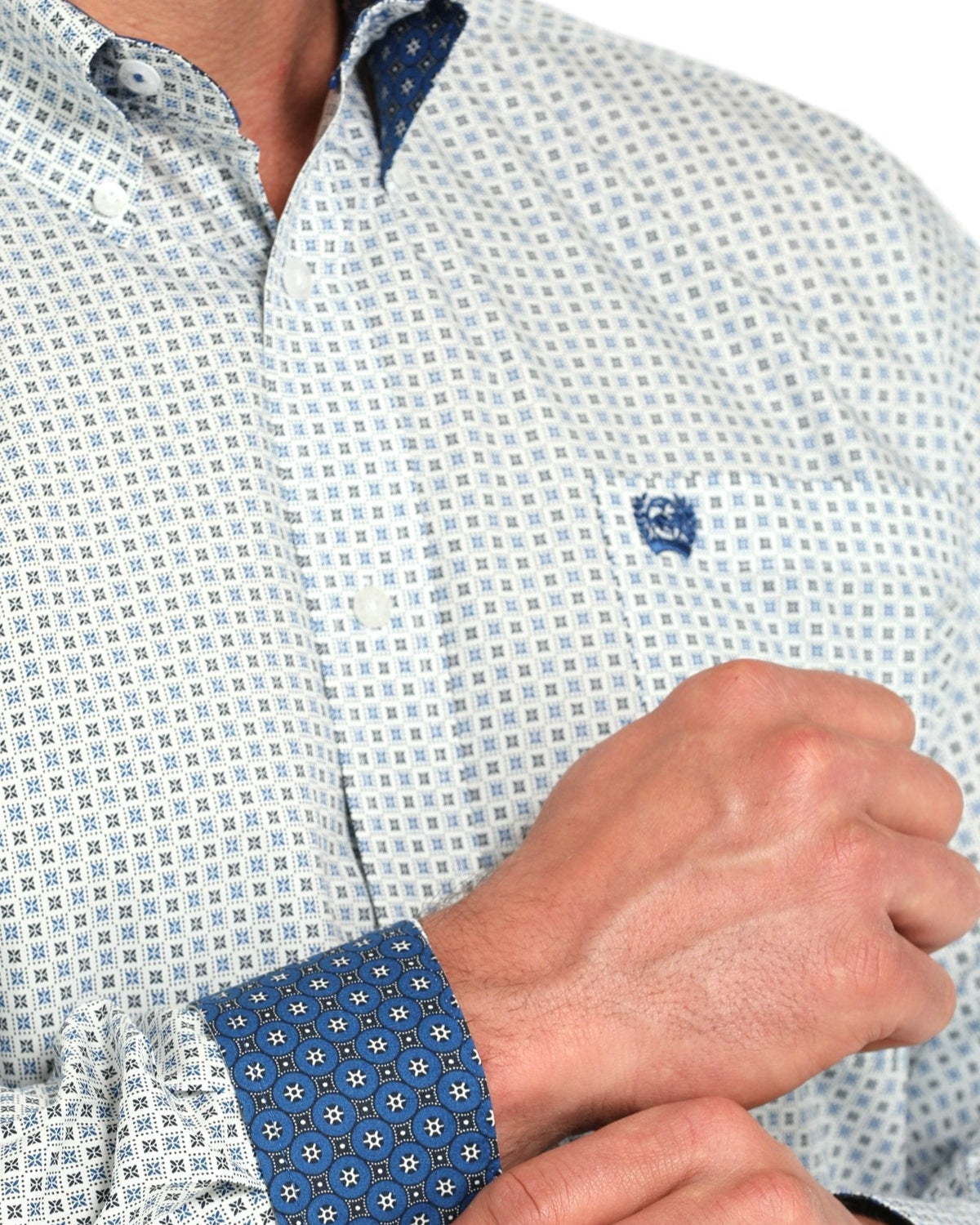 Men's Geometric Print Button-Down Western Shirt - White