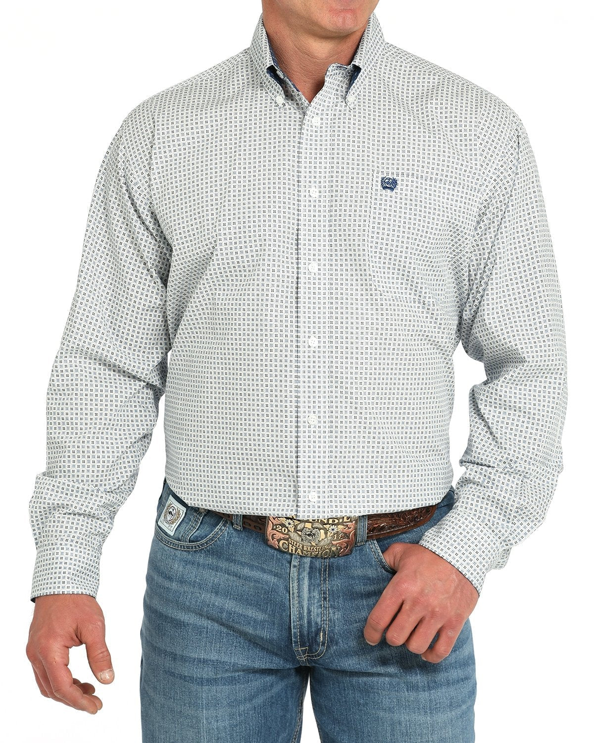 Men's Geometric Print Button-Down Western Shirt - White