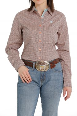 Women's Button-Down Western Shirt - Coral / Light Blue 