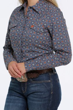 Women's Button-Down Western Shirt - Blue / Orange / Cream