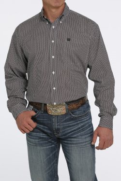 Men's Geometric Print Button-Down Western Shirt - Blue / Brown 