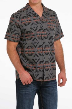 Men's Southwestern Print Short Sleeve Camp Shirt - Black / Gray / Copper